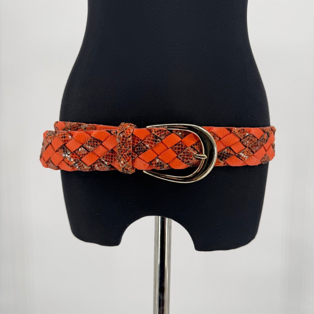 MICHAEL KORS Woven Leather Snake Print Belt Gold‎ Buckle Orange Brown